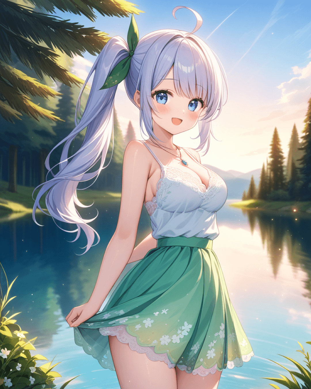 光る水面の前で静かに立つ、美しいアニメスタイルの少女のイラスト