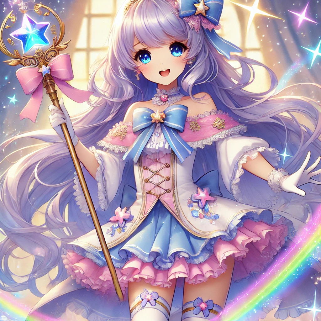 「星形のステッキを持つ笑顔の魔法少女。光輝く衣装と背景に虹が広がる幻想的なシーン。」