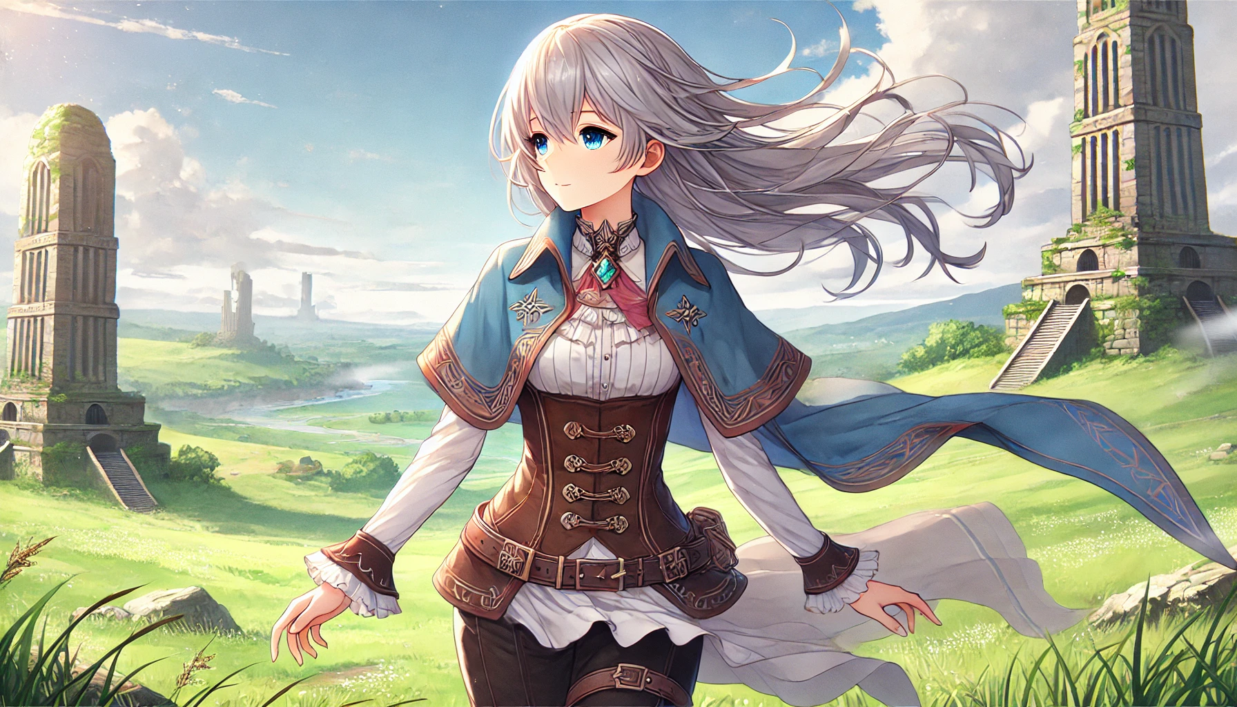 異世界の広大な草原にたたずみ、風を感じながら遠くを見つめるキャラクターのシーン。