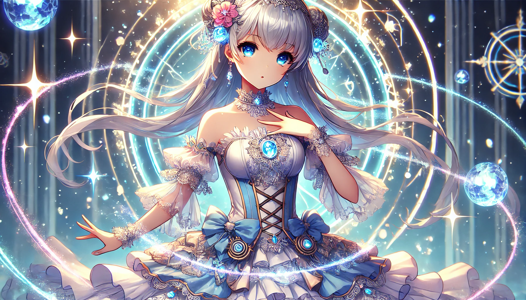 魔法少女が変身する瞬間の幻想的なシーン。光と魔法陣が輝く美しい変身エフェクト。