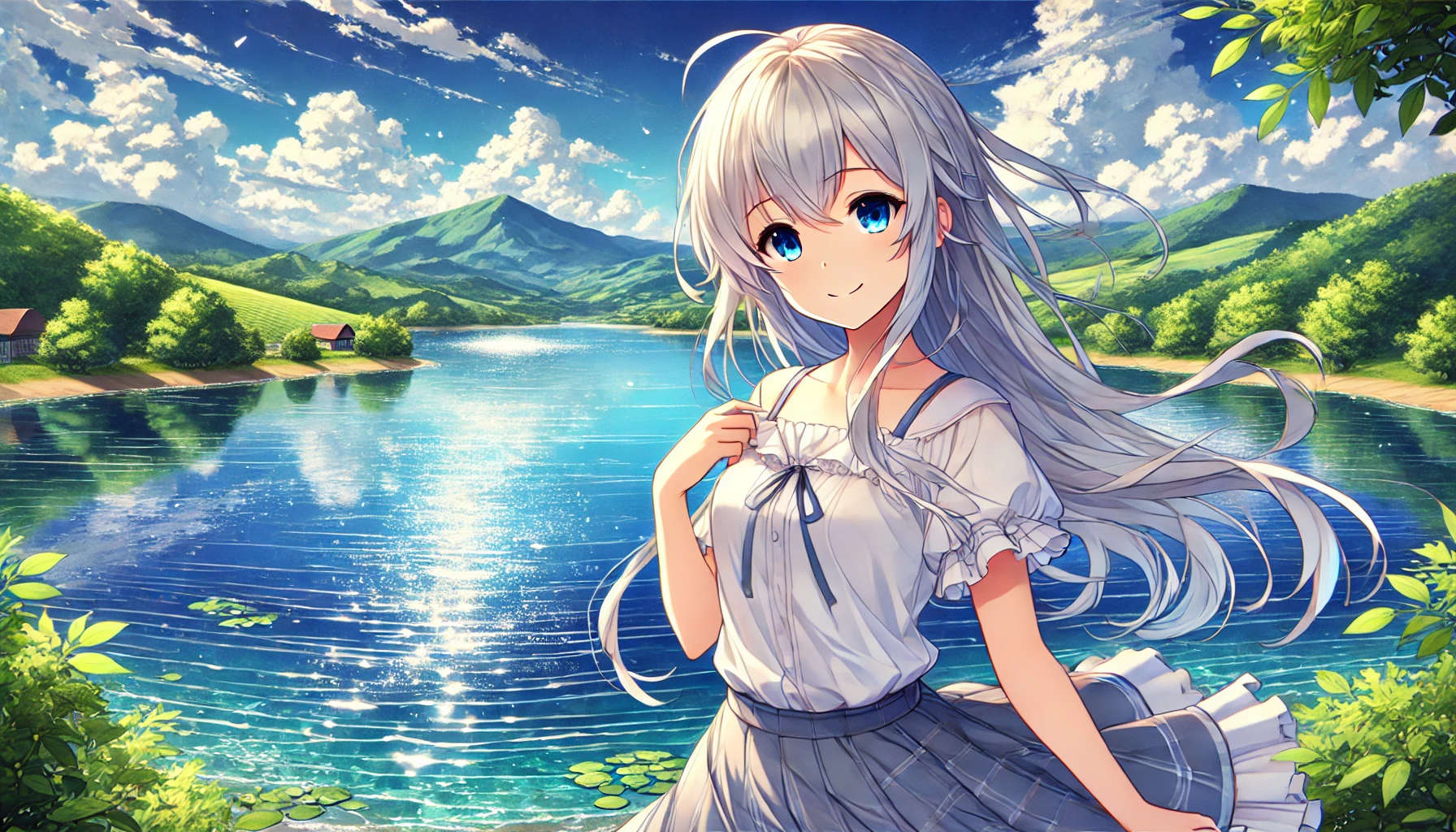 「湖を背景に微笑む銀髪美少女」