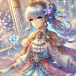魔法少女が星空の下で未来を見つめながら思索する幻想的なシーン。