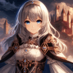 銀髪と青い瞳の美少女が幻想的な背景の中で微笑むファンタジー風イラスト。『骸骨騎士 アーク』の英雄譚を象徴するイメージ。