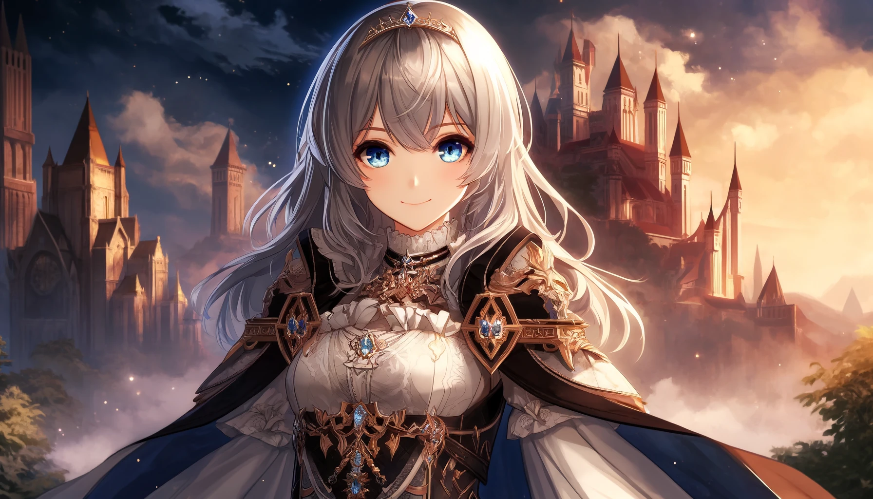 銀髪と青い瞳の美少女が幻想的な背景の中で微笑むファンタジー風イラスト。『骸骨騎士 アーク』の英雄譚を象徴するイメージ。