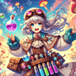 異世界魔王ディアブロの記事用アイキャッチ画像。異世界の風景を背景に、錬金術師風の美少女が登場。