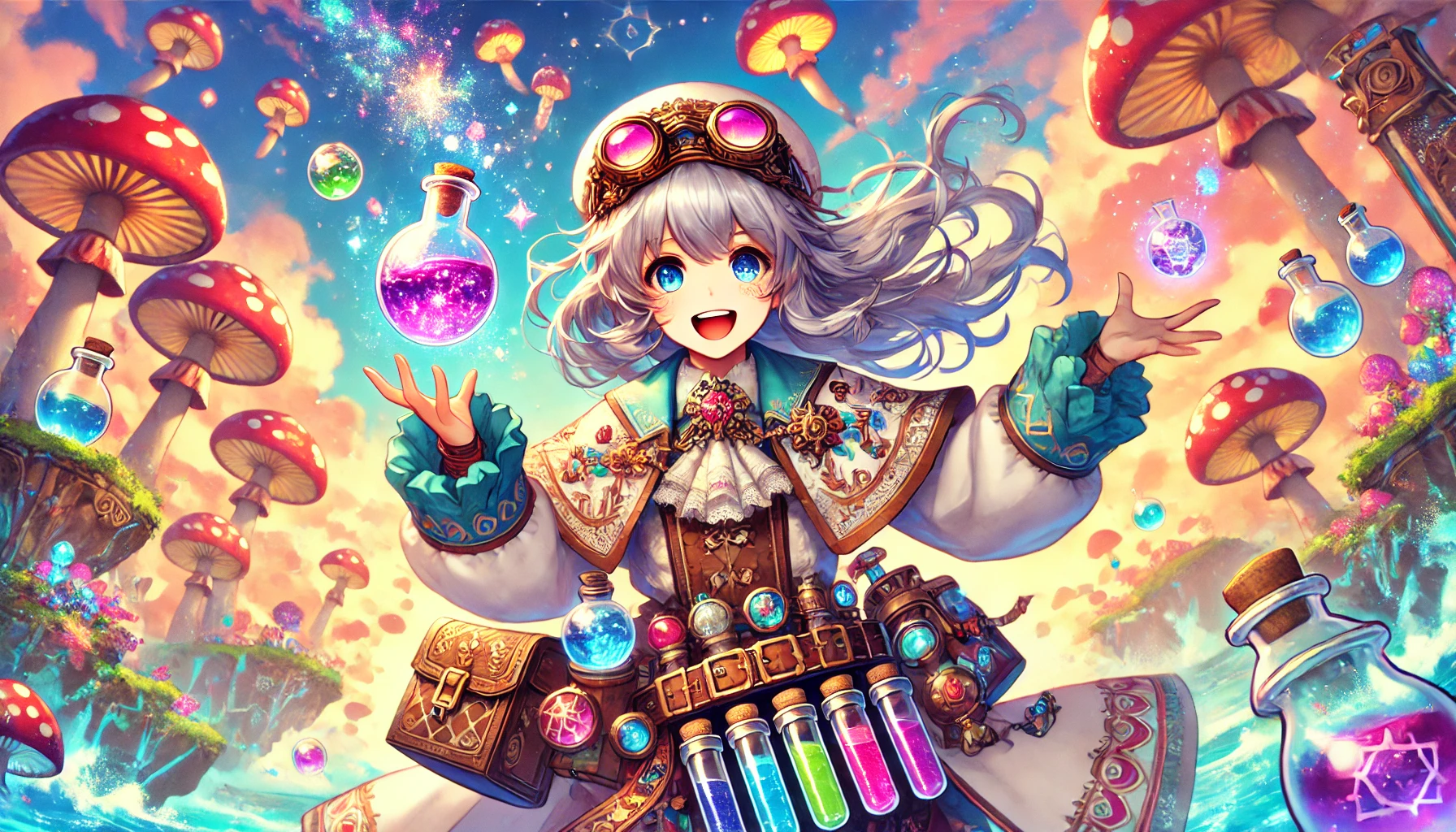 異世界魔王ディアブロの記事用アイキャッチ画像。異世界の風景を背景に、錬金術師風の美少女が登場。