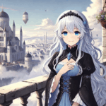 曇り空の浮遊都市で静かにたたずむ銀髪の魔王少女。青い瞳に優しさと覚悟を宿すリムルの象徴的な姿。