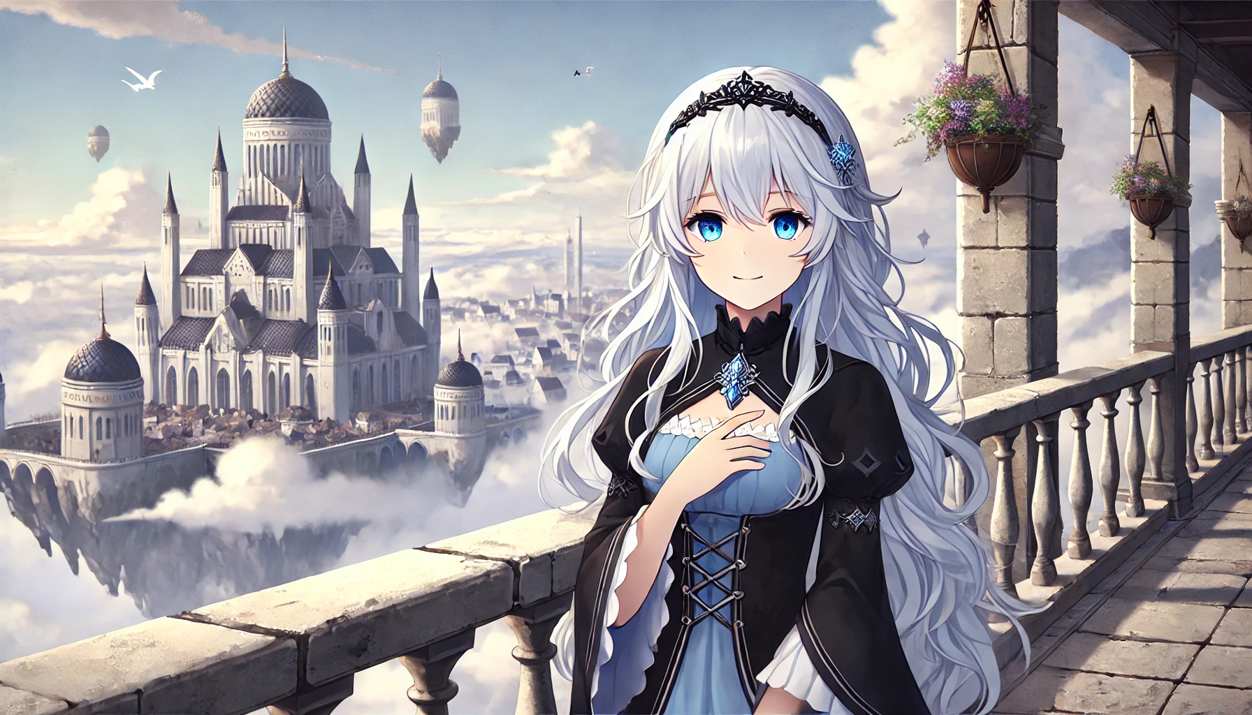 曇り空の浮遊都市で静かにたたずむ銀髪の魔王少女。青い瞳に優しさと覚悟を宿すリムルの象徴的な姿。