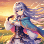 微笑む銀髪の美少女ヴェルドラが夕暮れの草原で魔力をまとう姿（転スラのキャラクターイメージ）