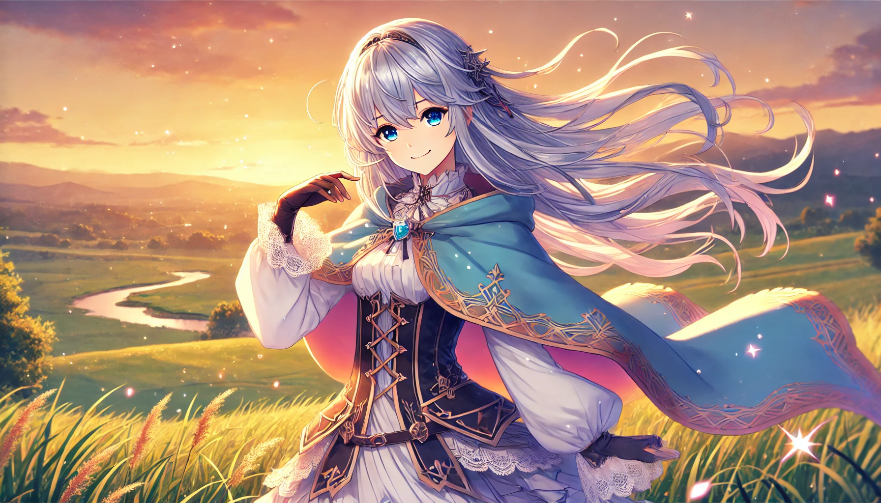微笑む銀髪の美少女ヴェルドラが夕暮れの草原で魔力をまとう姿（転スラのキャラクターイメージ）