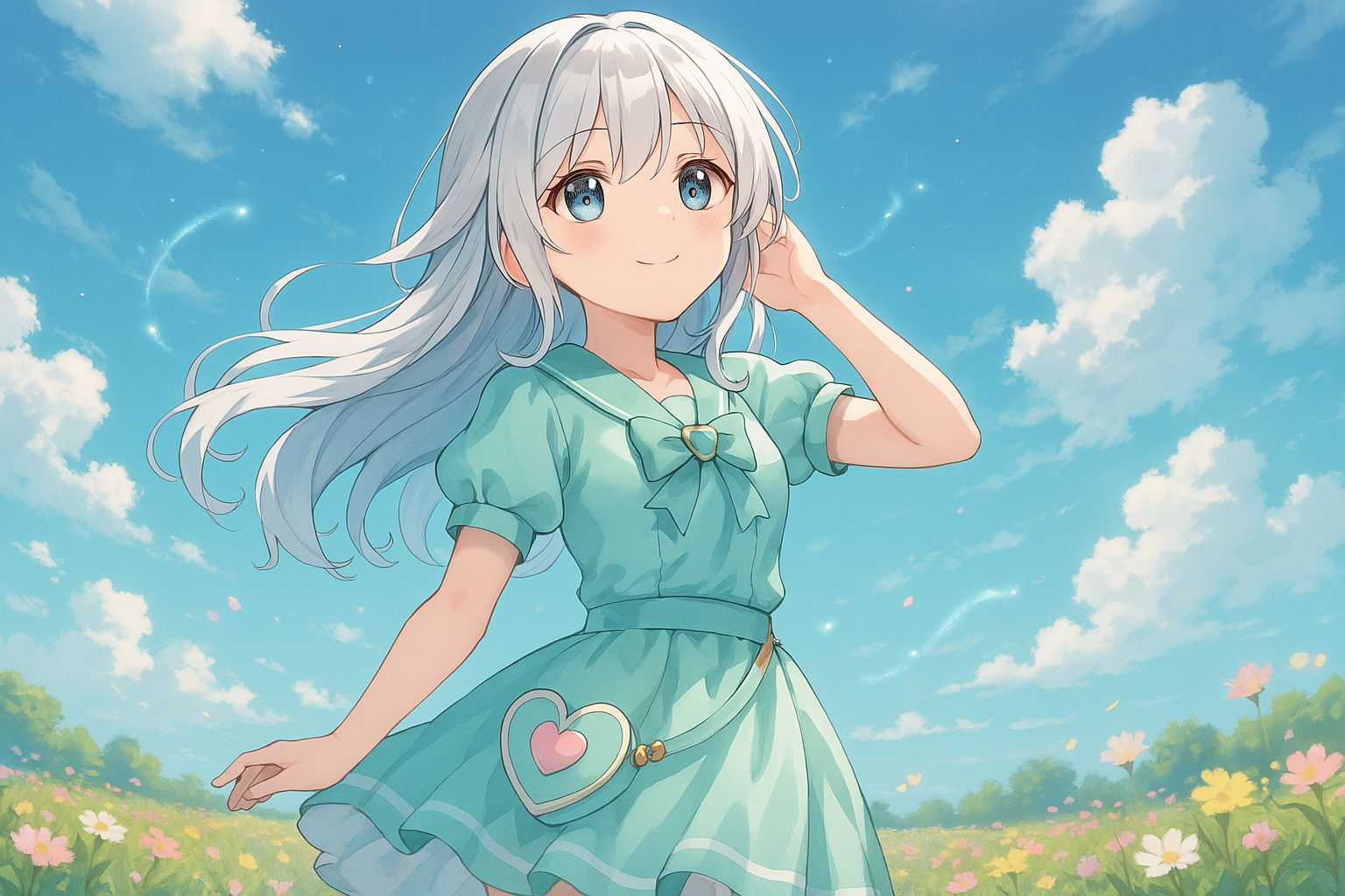 銀髪の魔法少女がミントグリーンの衣装で空と花畑に包まれた場所に立ち、優しく空を見上げている日常風の幻想的なシーン