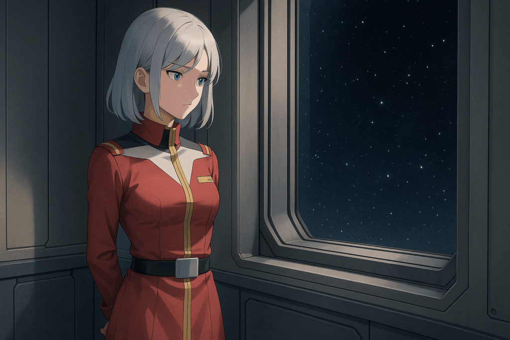 「宇宙戦艦の艦内、小部屋の窓際に立つ銀髪の美少女。外には星がきらめく宇宙空間が広がっている。」