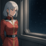「宇宙戦艦の艦内、小部屋の窓際に立つ銀髪の美少女。外には星がきらめく宇宙空間が広がっている。」