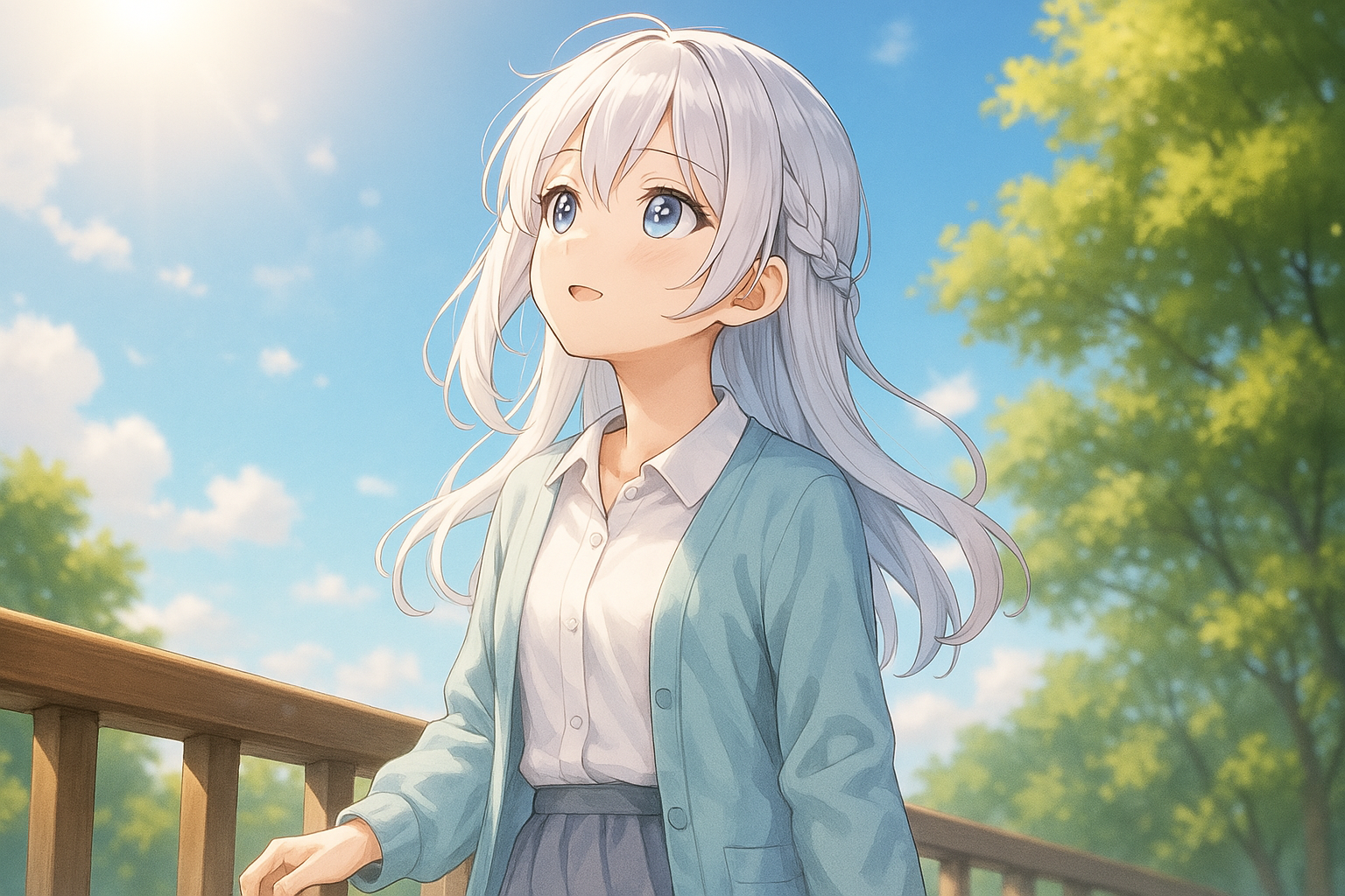 銀髪で青い瞳の美少女が、柔らかな日差しが降り注ぐ橋の上で空を見上げている、希望に満ちた明るいシーン