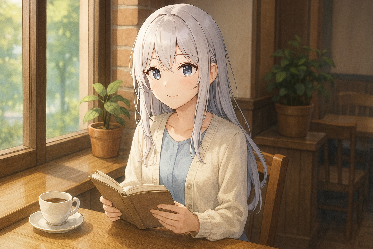 銀髪で青い瞳の美少女が、カフェの窓辺に座って本を読んでいる、穏やかで知的な雰囲気のシーン