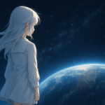宇宙空間で地球を静かに見つめる銀髪の少女の後ろ姿