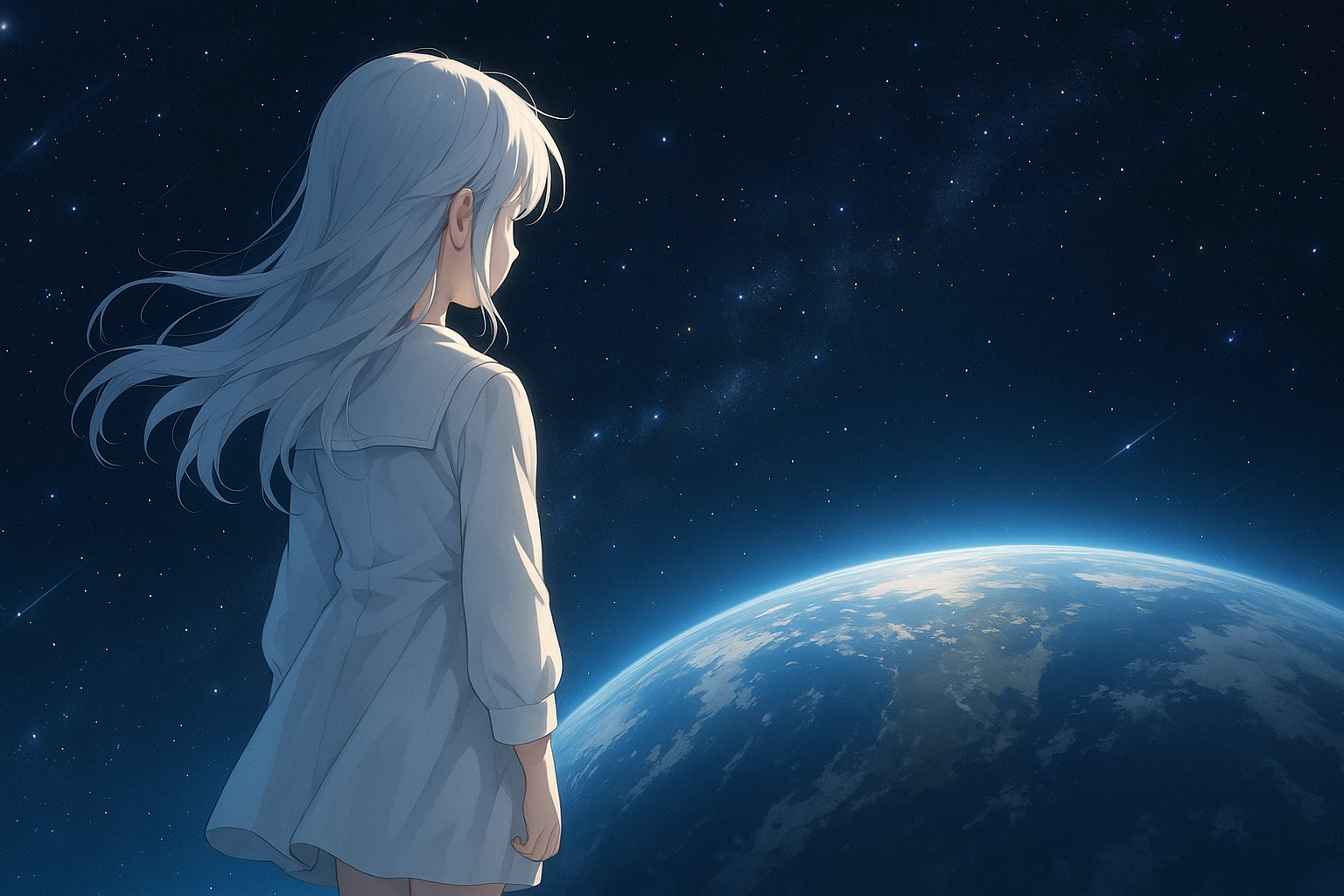 宇宙空間で地球を静かに見つめる銀髪の少女の後ろ姿