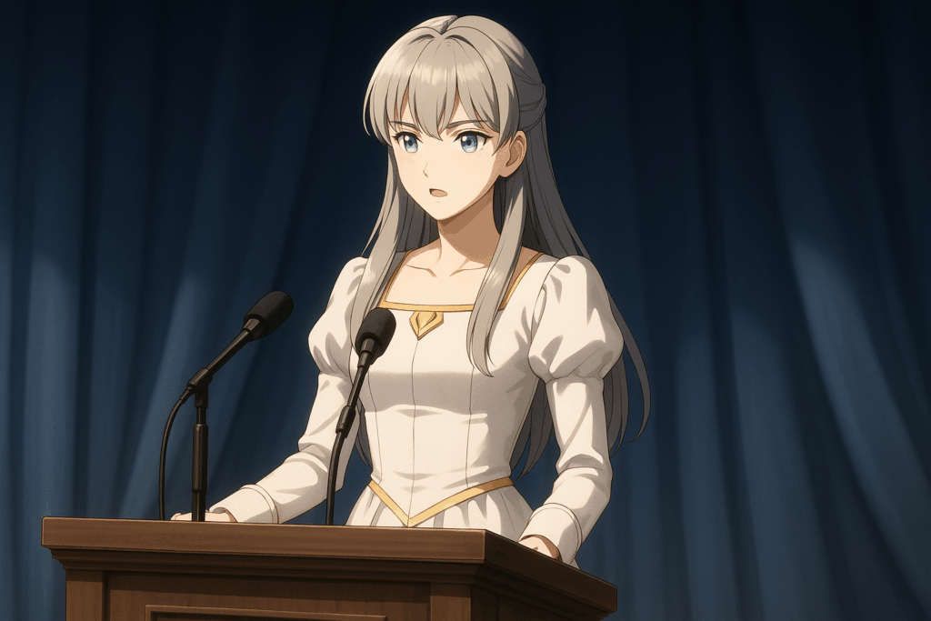演説台に立ち、静かに聴衆を見渡す銀髪の少女。理想と決意を秘めたまなざしが印象的。