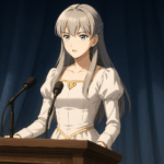 演説台に立ち、静かに聴衆を見渡す銀髪の少女。理想と決意を秘めたまなざしが印象的。