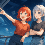 宇宙を見つめる赤毛と銀髪の少女、未来都市の展望台にて