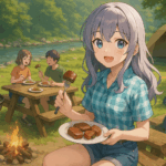 アニメスタイルの美少女と友達が川辺のキャンプでバーベキューを楽しんでいる様子