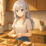 銀髪の美少女がキッチンでサンドイッチを作っているアニメ風の朝の風景