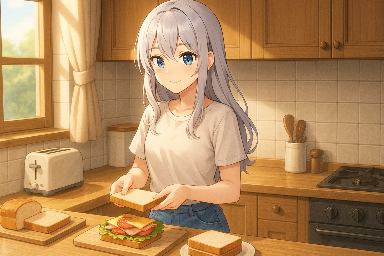 銀髪の美少女がキッチンでサンドイッチを作っているアニメ風の朝の風景