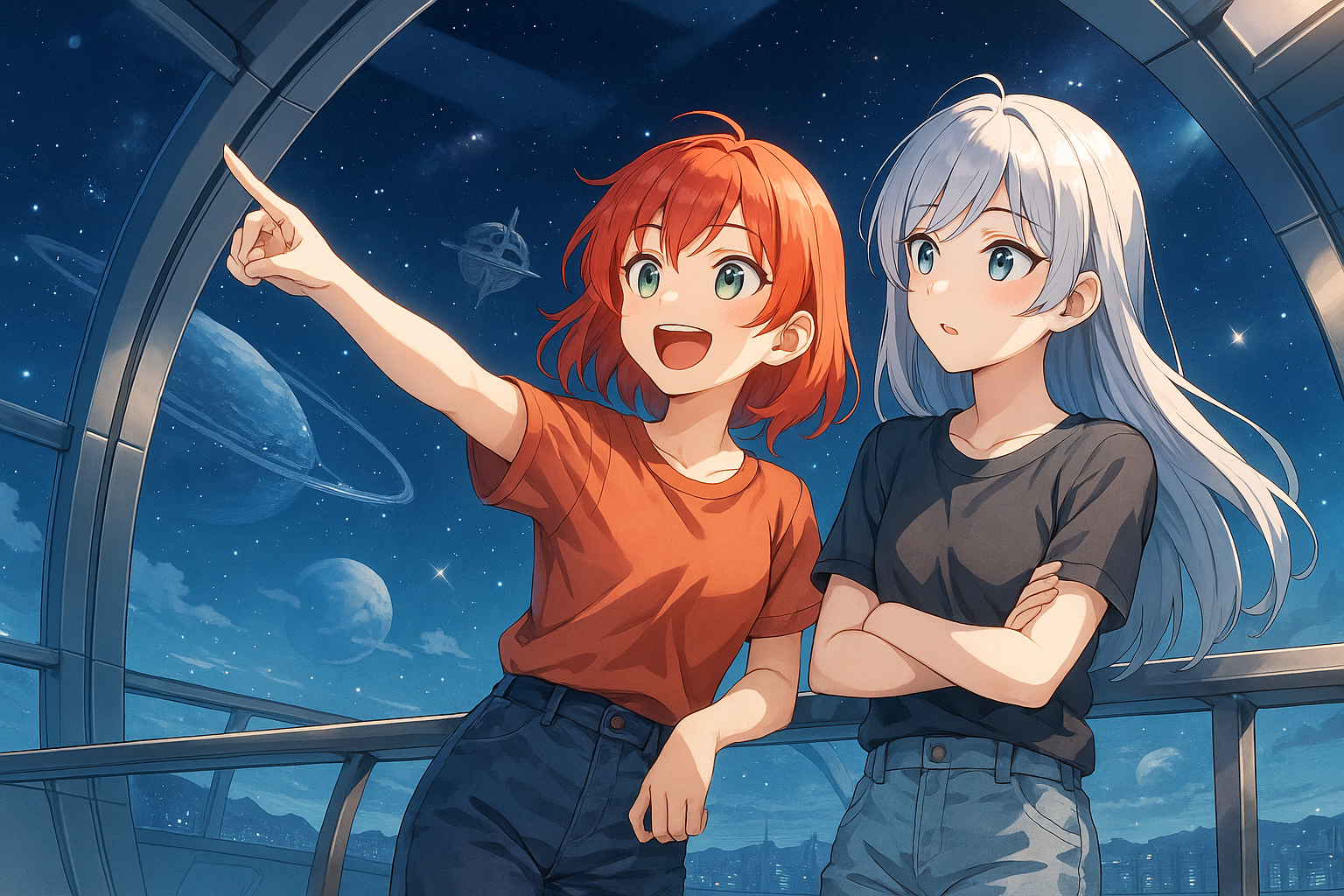 宇宙を見つめる赤毛と銀髪の少女、未来都市の展望台にて