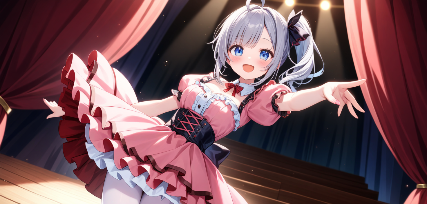 パステルドレスを着てステージで歌うひなこちゃんのミュージカル風シーン
